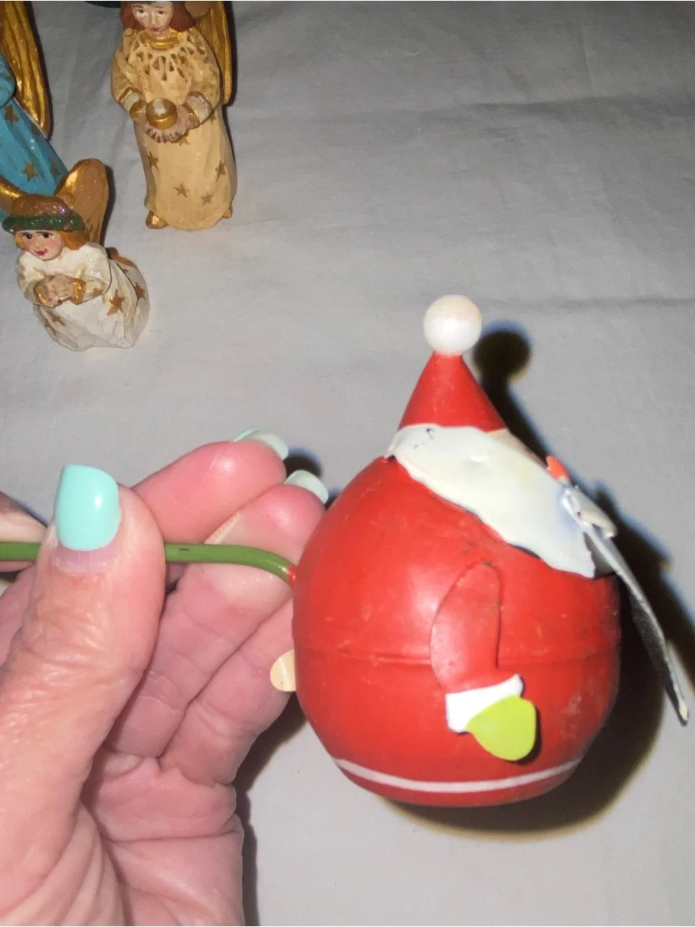 Hand-Painted Holiday Set: 3 Angels; 1 Thimble tree; 1 Santa candle snuffer